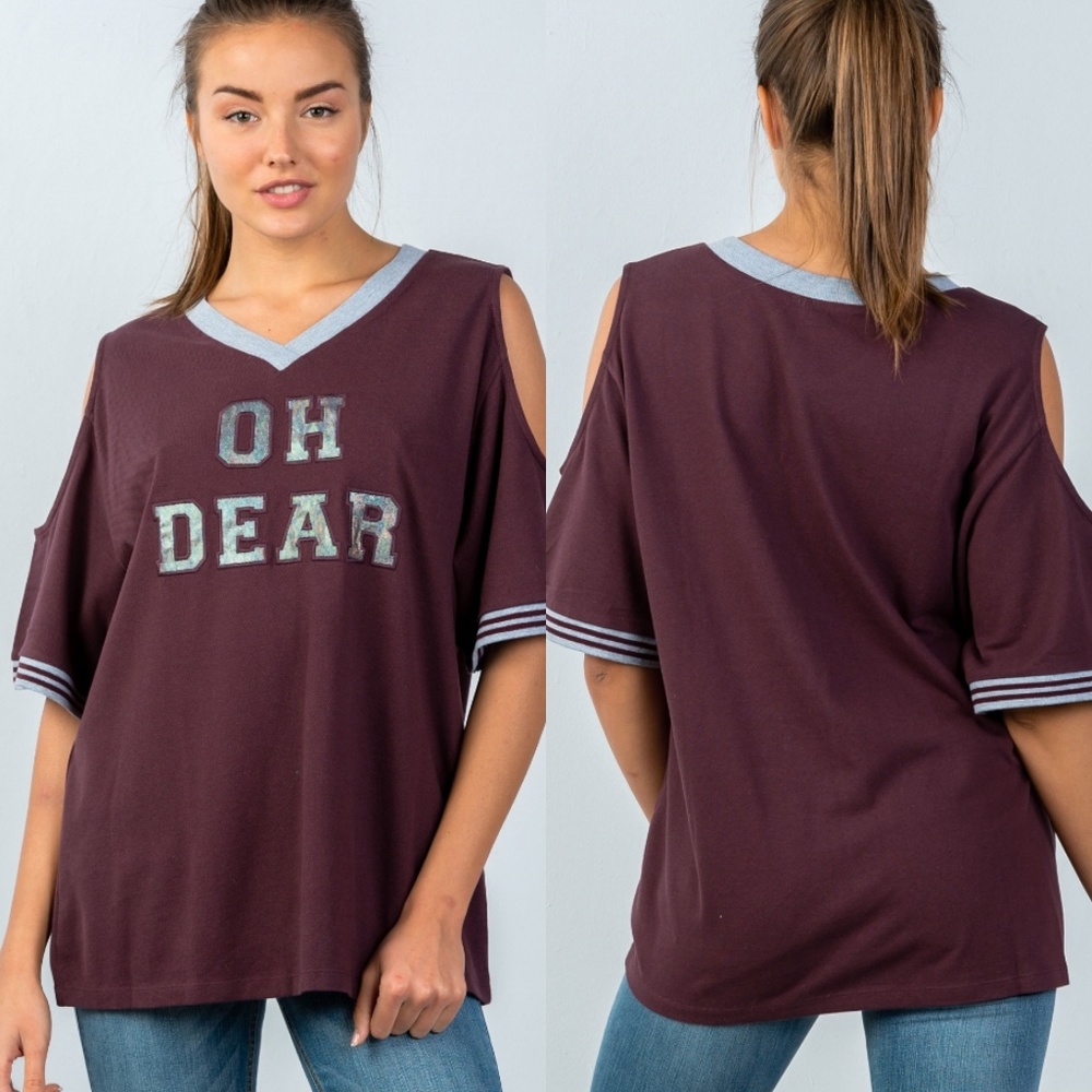 🏈Burgundy OH DEAR Cold Shoulder Football Top